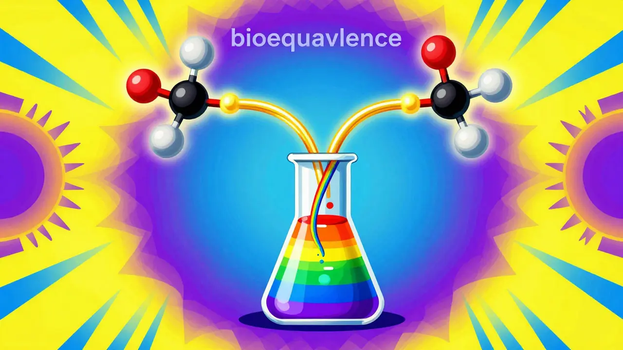 Colorful pop-art depiction of two identical drug molecules bridging together over a rainbow beaker.