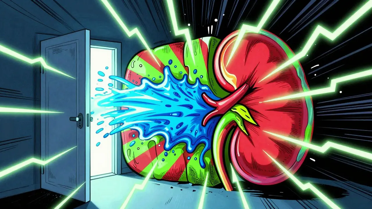 Colorful pop art showing a blocked kidney door and distorted electrical heart lines.