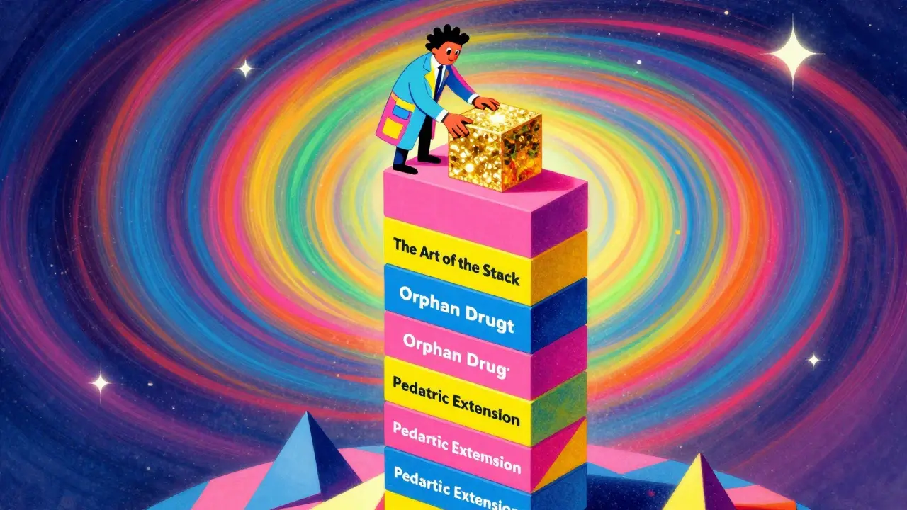 Colorful stack of glowing blocks representing pharmaceutical exclusivity extensions.