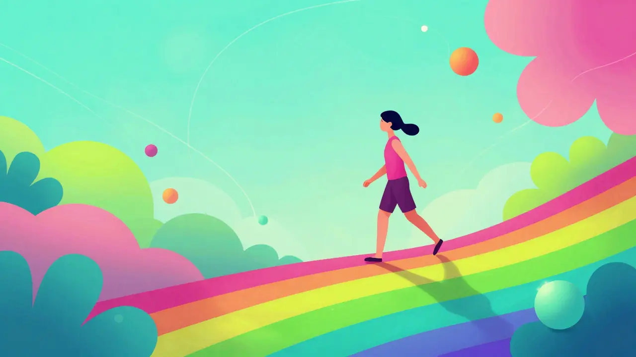 Colorful, surreal illustration of a person floating in a serene, rainbow-colored void.