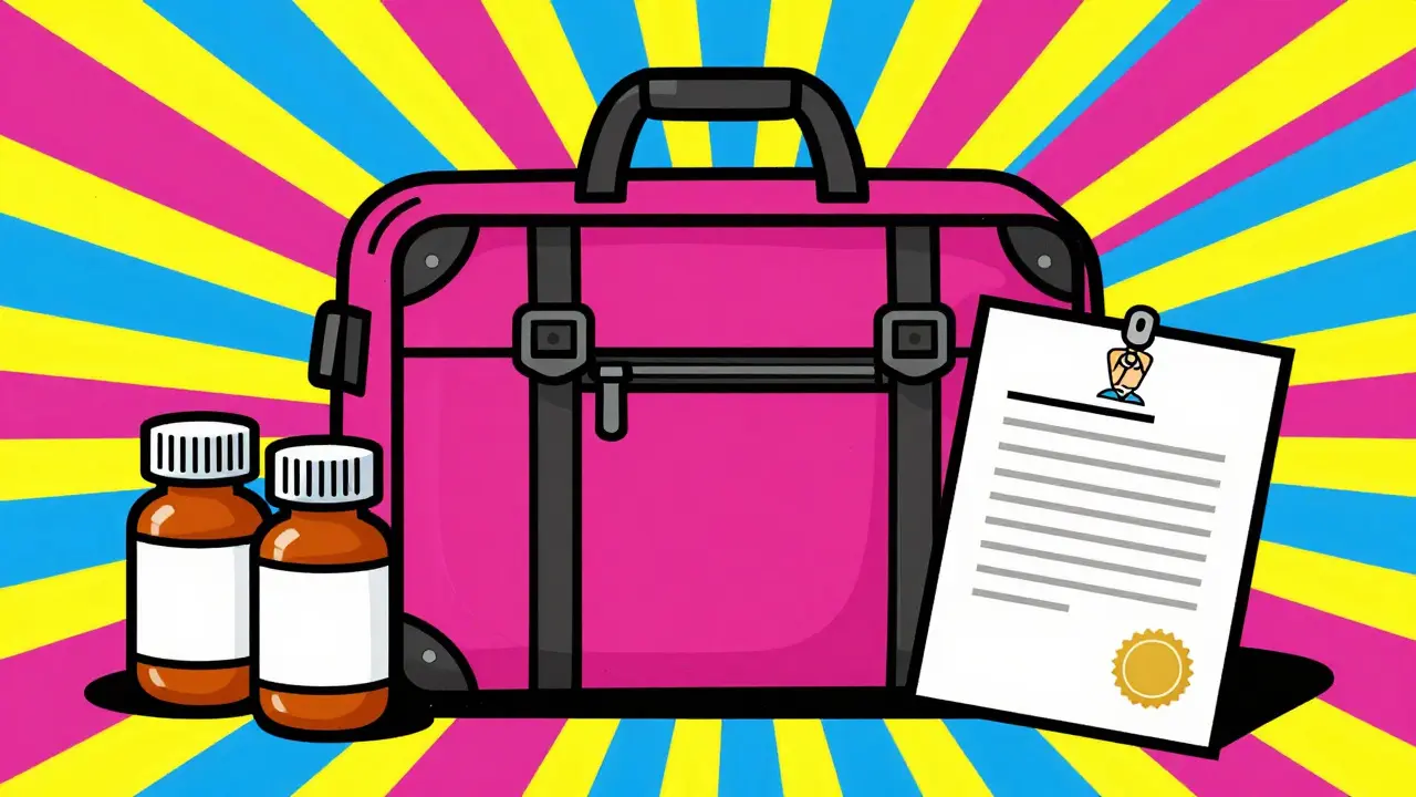 Pharmacy bottles and a medical letter in a travel bag with a vivid sunburst background