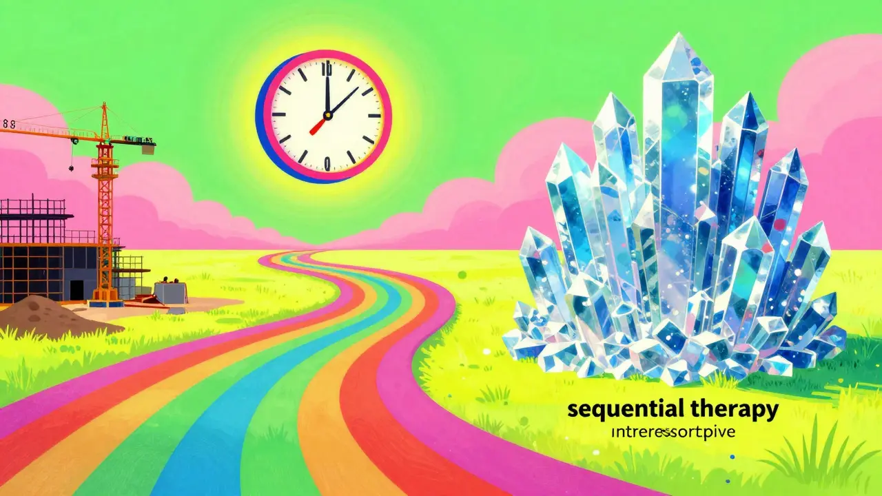 Rainbow river flowing from a construction site to a crystal fortress symbolizing sequential therapy
