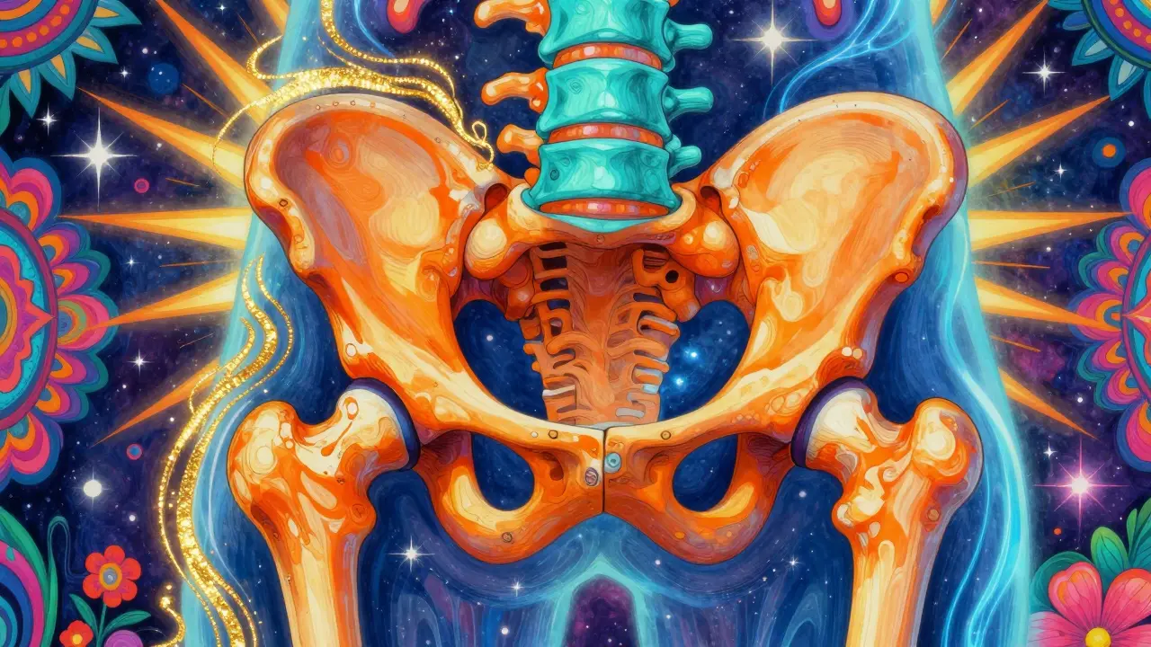 Stylized, vibrant depiction of a hip and spine with radiating neon energy and cosmic patterns