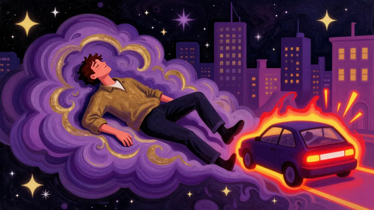 Vibrant, distorted scene of a dizzy person with a parked car in a cosmic landscape.