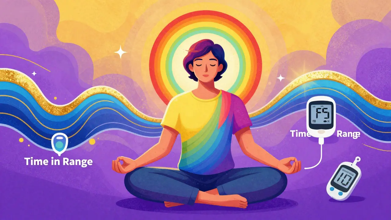 Vibrant illustration of a person meditating surrounded by a rainbow wave of stable blood sugar levels.