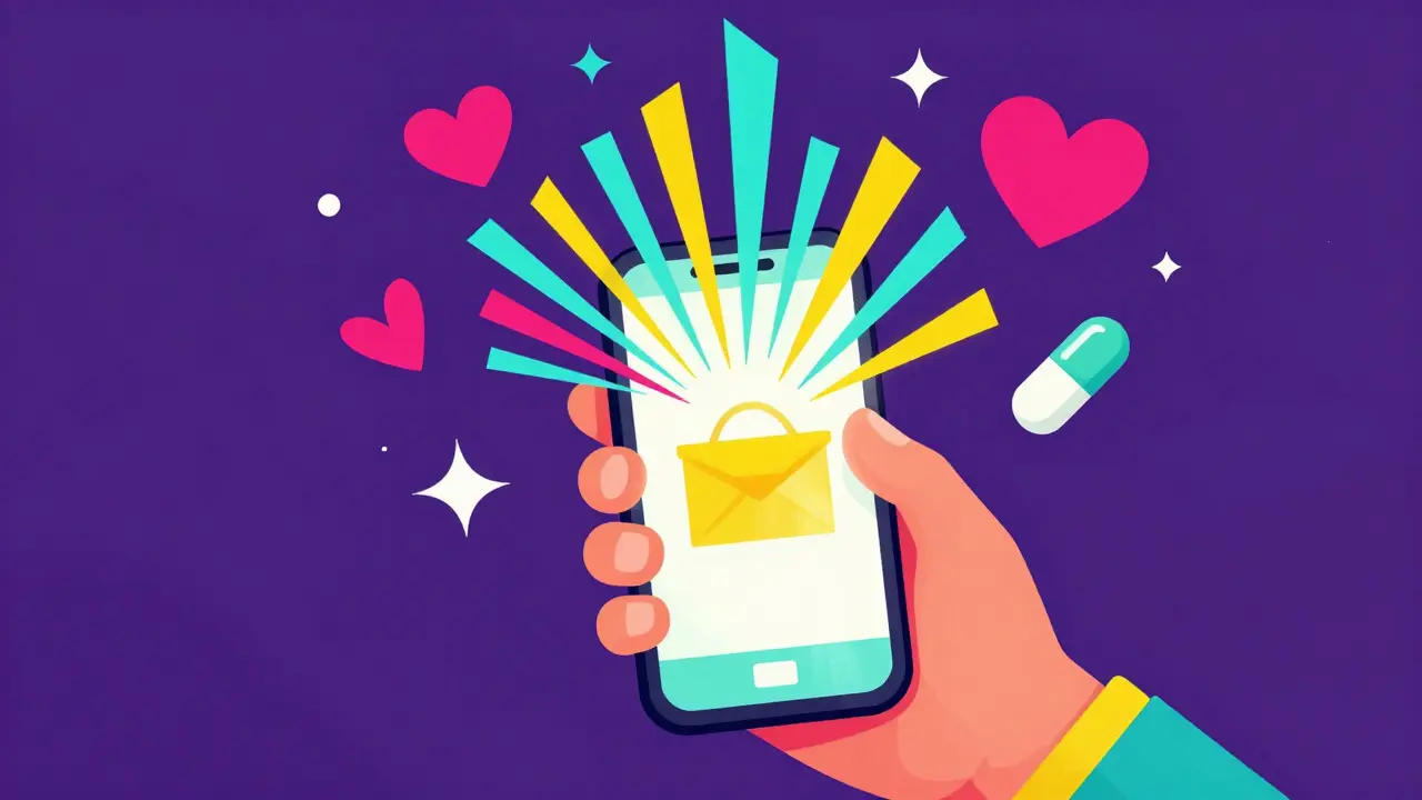 Vibrant illustration of a person using a smartphone for online healthcare shopping.