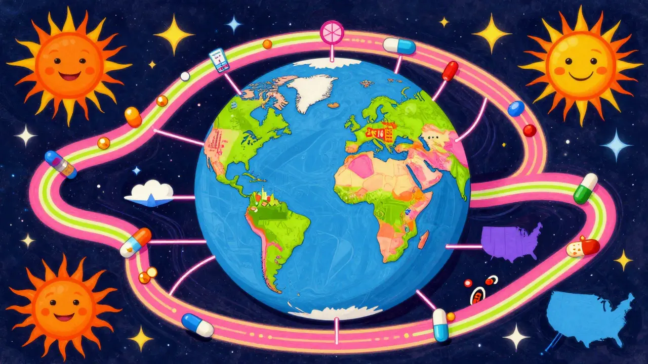 Vibrant map showing neon pathways of drug supply chains connecting India, China, and the USA.