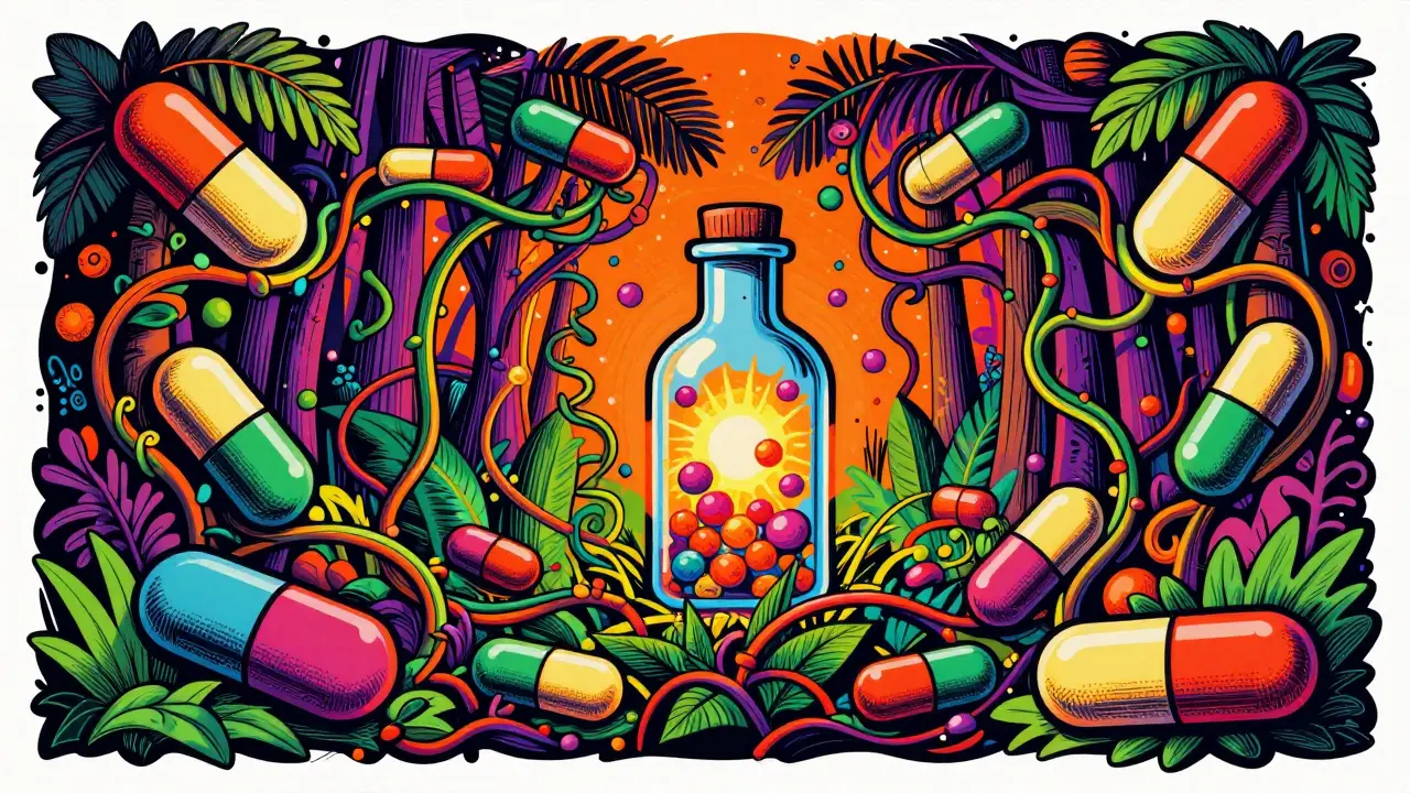 Vibrant, pop-art forest of medicine capsules forming a protective patent thicket.