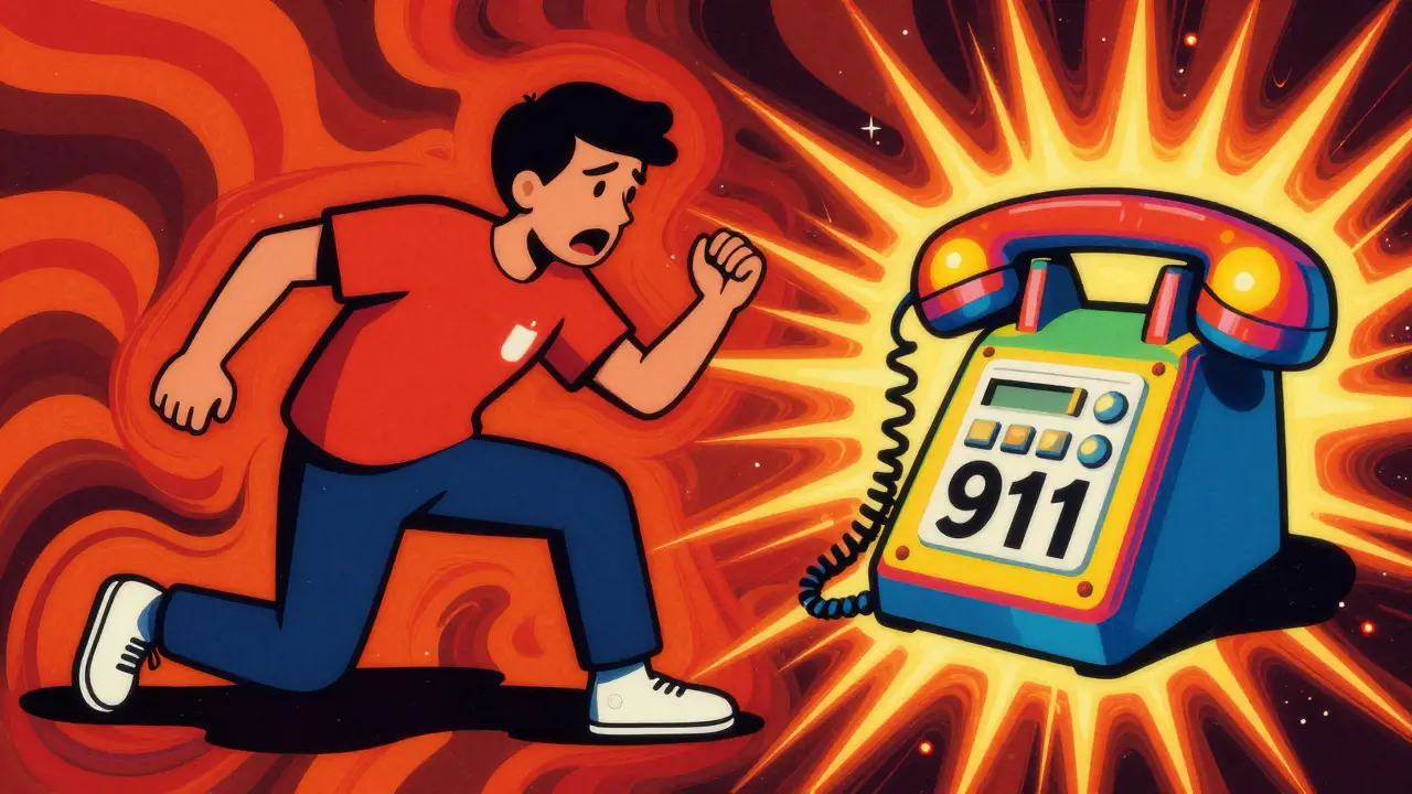 Vibrant, surreal illustration of a medical emergency with a glowing telephone and urgent red swirls.