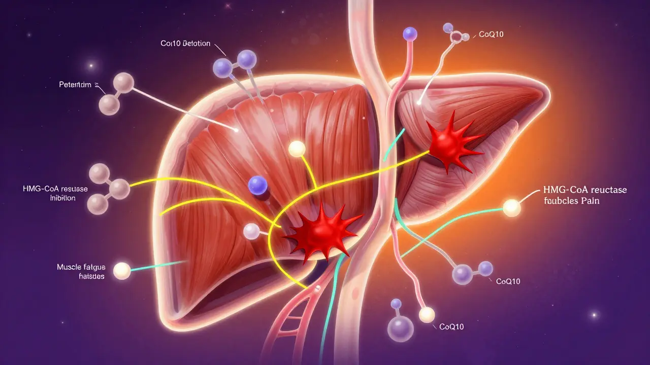 Abstract illustration of liver and muscles with glowing molecular pathways.