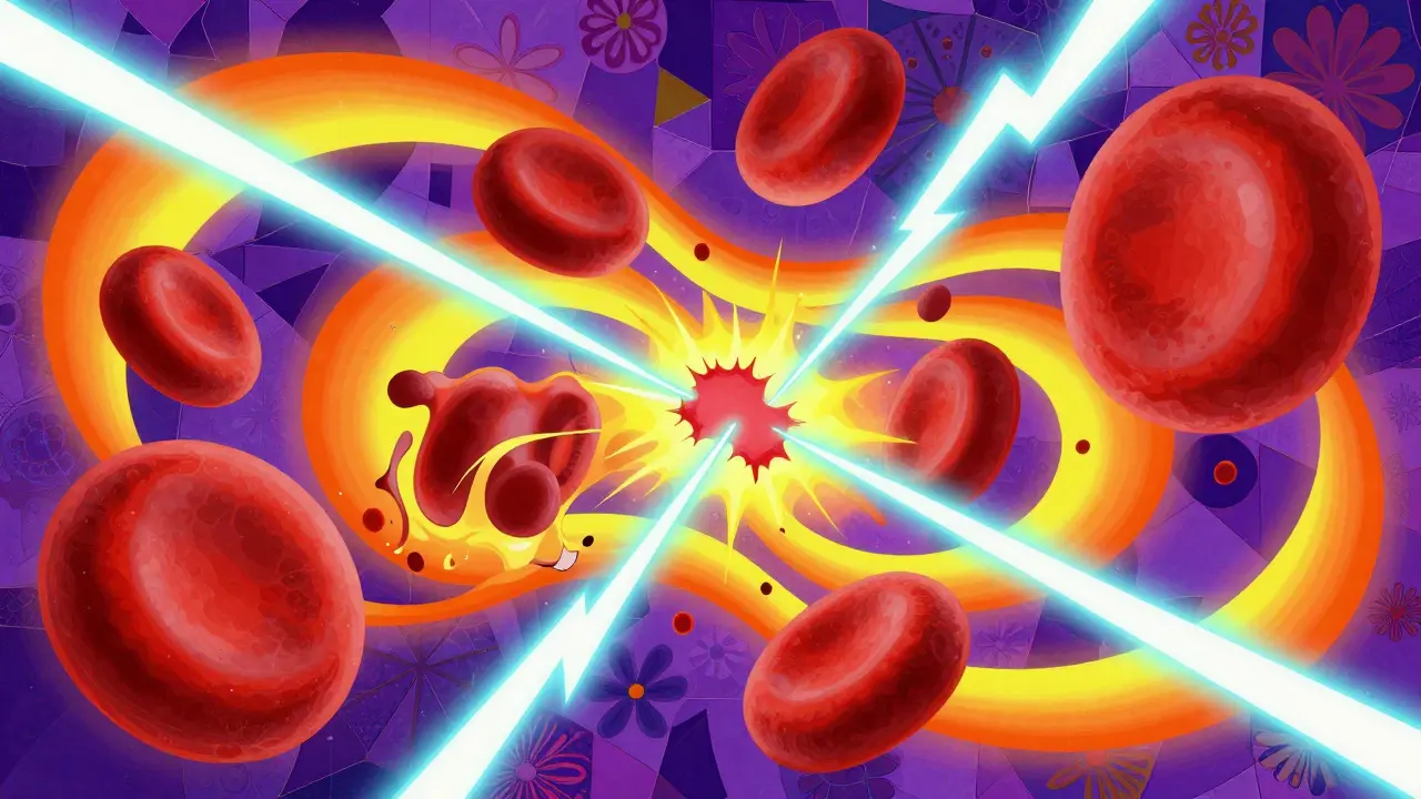 Abstract Peter Max illustration of blood cells dissolving in neon swirls, symbolizing bleeding risks.