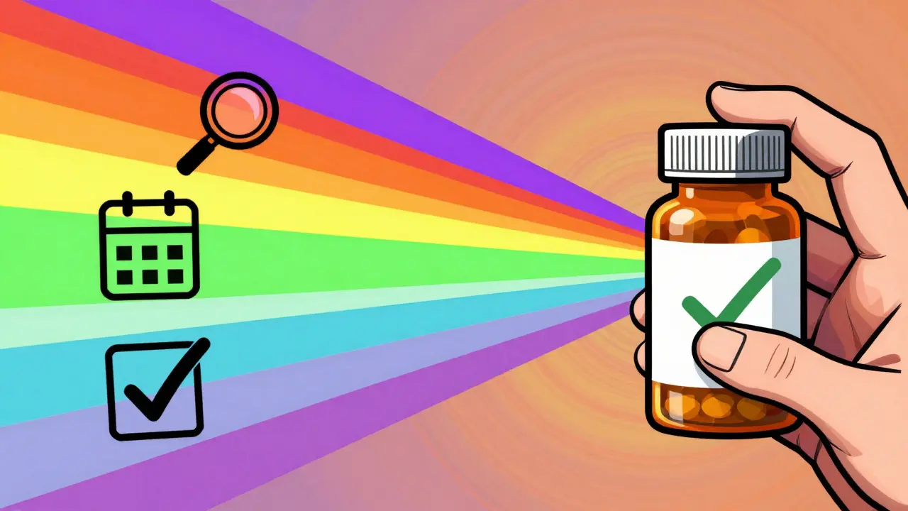 Abstract rainbow beams from a pill bottle symbolizing verification steps in psychedelic art