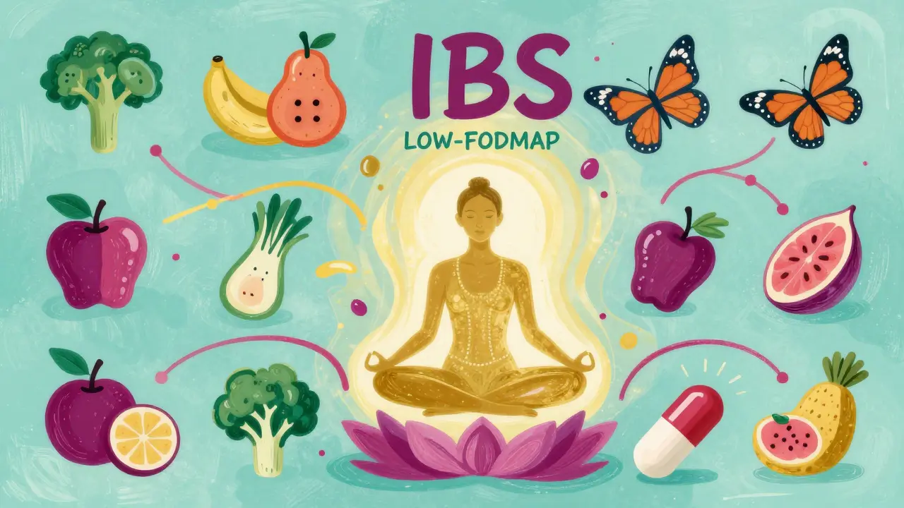 Artistic view of meditation, diet, and meds for IBS relief