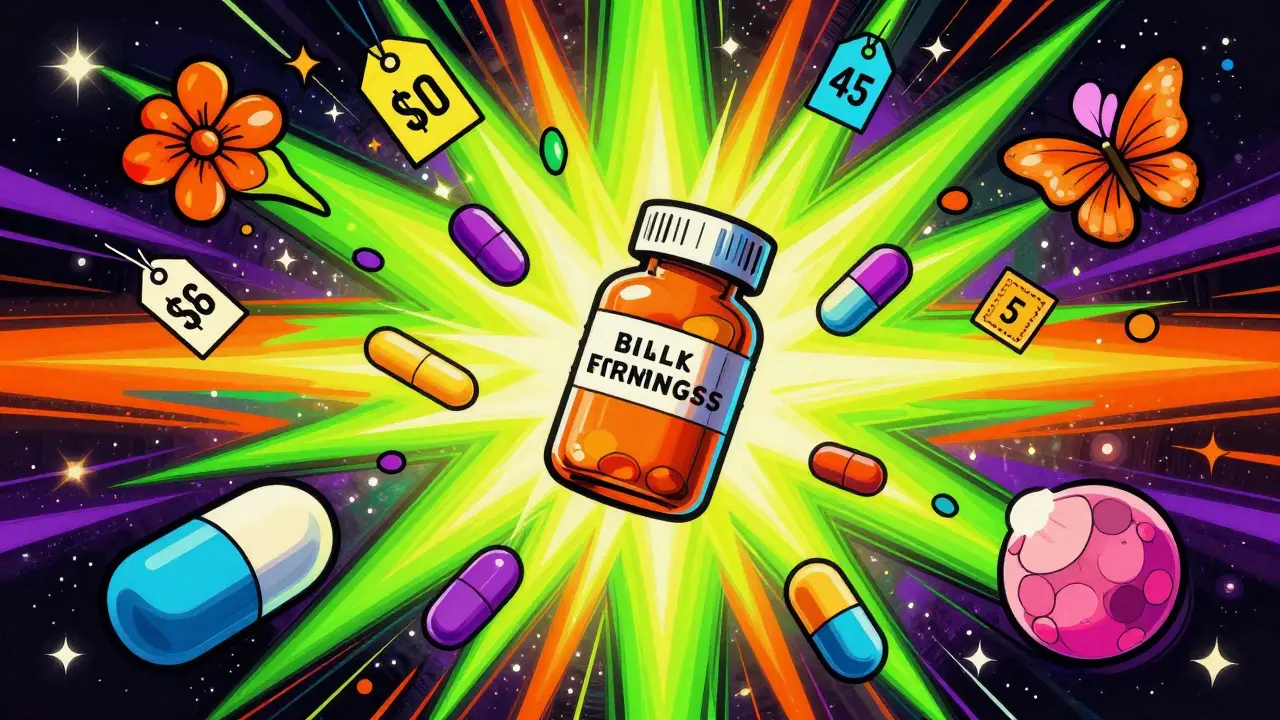 Colorful abstract art showing cheap medicine pills and savings