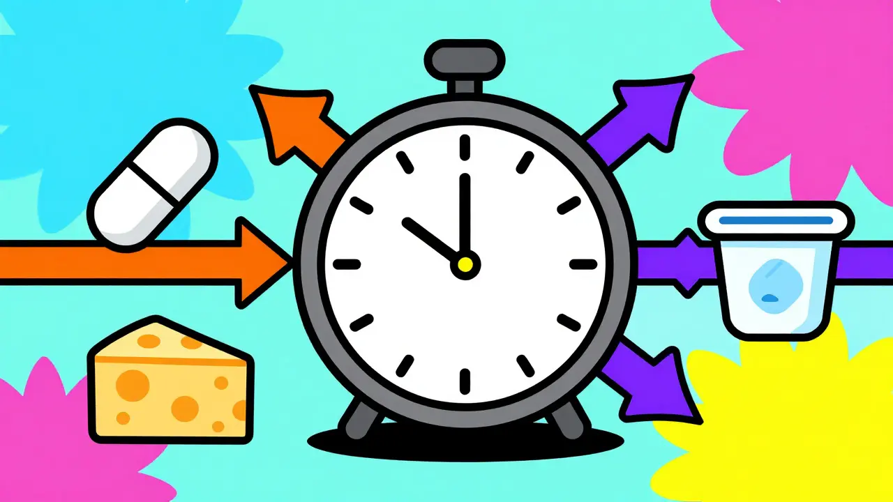 Colorful cartoon clock showing time gap between antibiotic pill and dairy products.