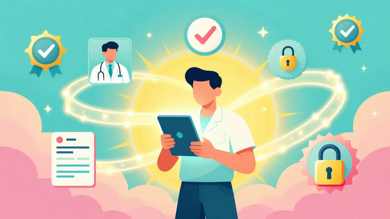 Colorful cartoon showing safe steps to buy prescription cream online securely.