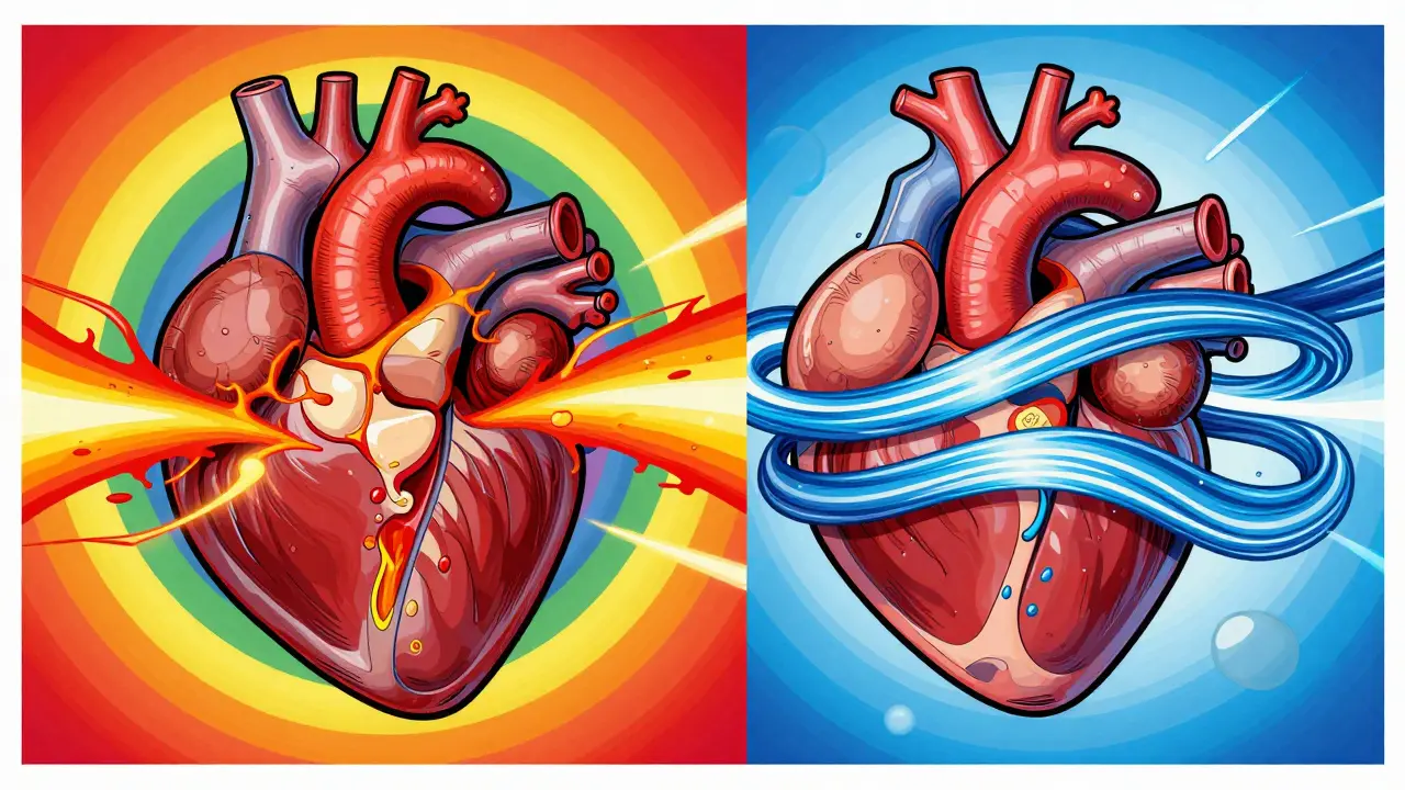 Colorful illustration comparing stenosis and regurgitation