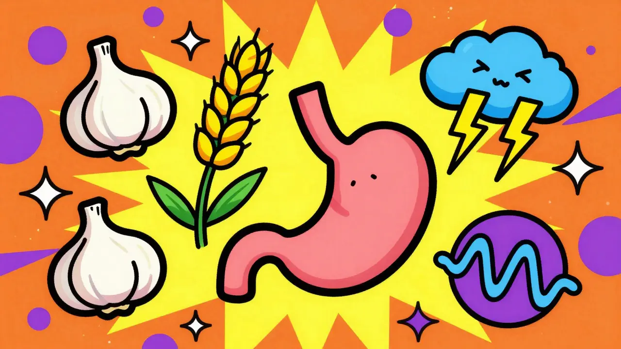 Colorful illustration of IBS triggers like food and stress