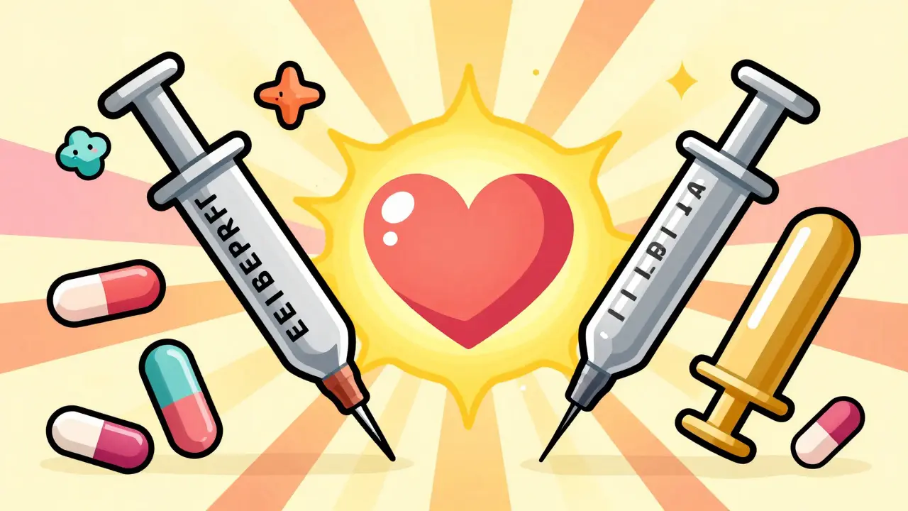 Colorful pills and injections surrounding a glowing heart symbol.