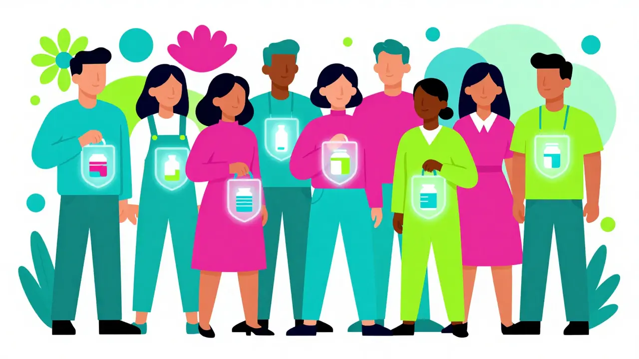 Community members holding glowing medication bags with protective shields in pop art