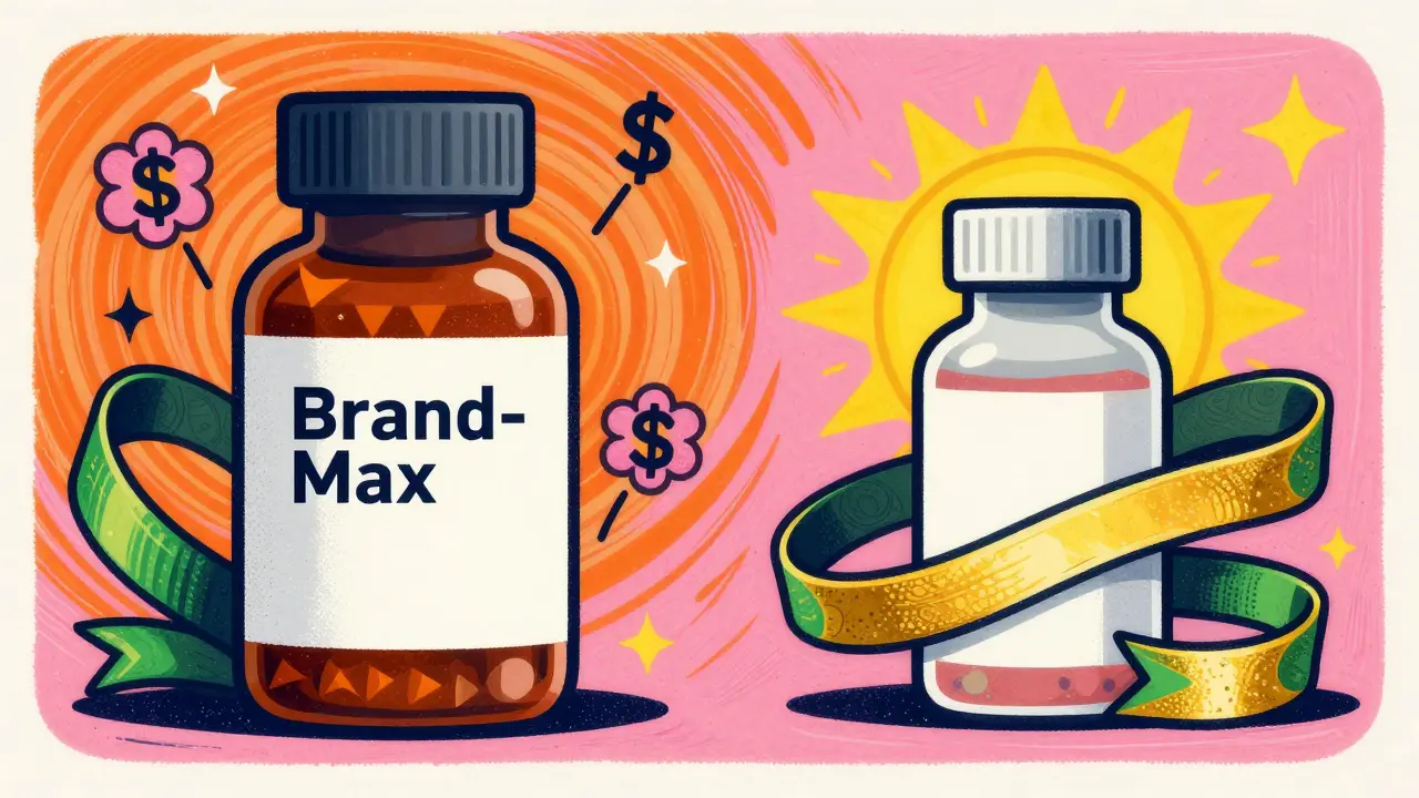 Conceptual art comparing expensive brand vs cheap generic meds in Peter Max style