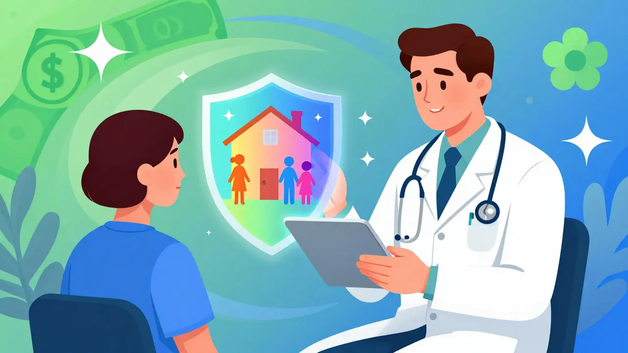 Doctor projecting a rainbow shield of savings over a family, Peter Max