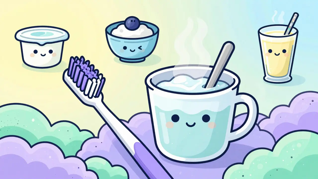 Gentle toothbrush and soothing foods promoting healing, depicted in colorful Peter Max art.