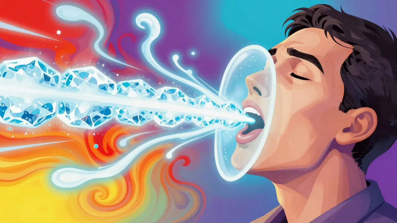 Ice chips forming a protective shield against medication effects, in psychedelic cartoon style.