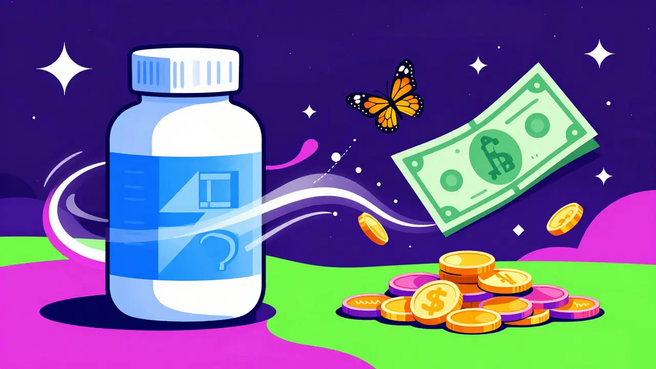 Medicine bottle turning into savings coins and butterflies in vibrant colors