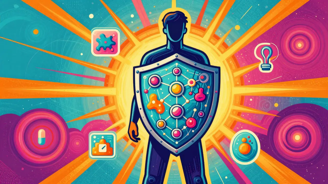 Optimistic Peter Max illustration of tech and patients ensuring drug safety.