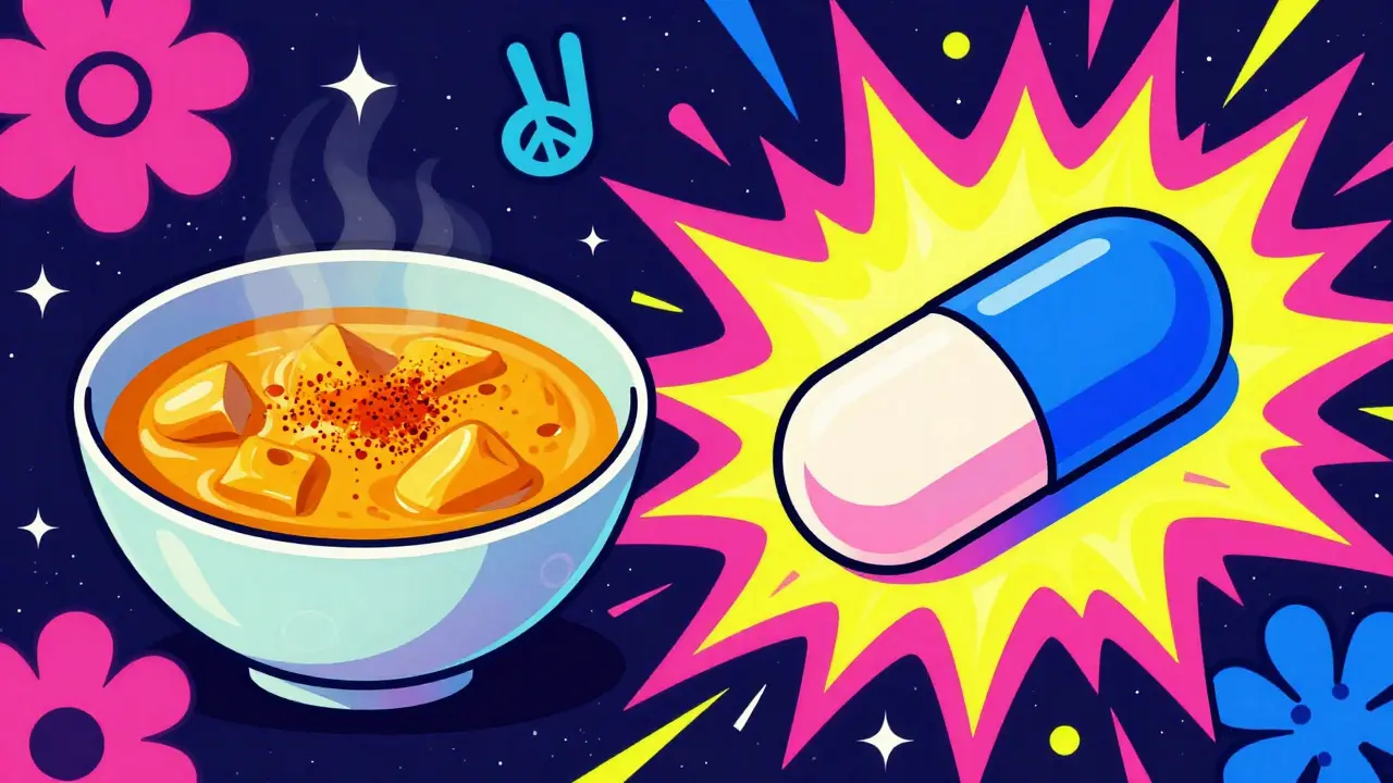 Peter Max style art contrasting a calm bowl of curry with an exploding, vibrant turmeric supplement capsule.
