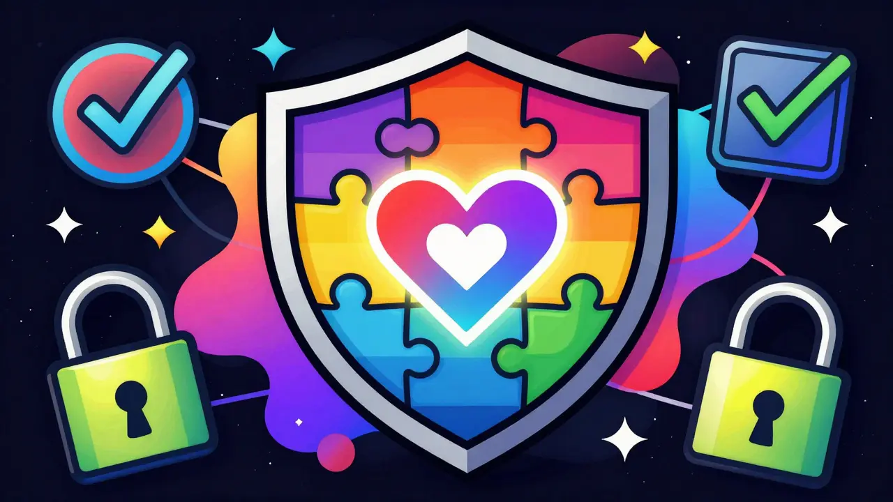 Rainbow shield protecting a heart icon symbolizing safe online pharmacy
