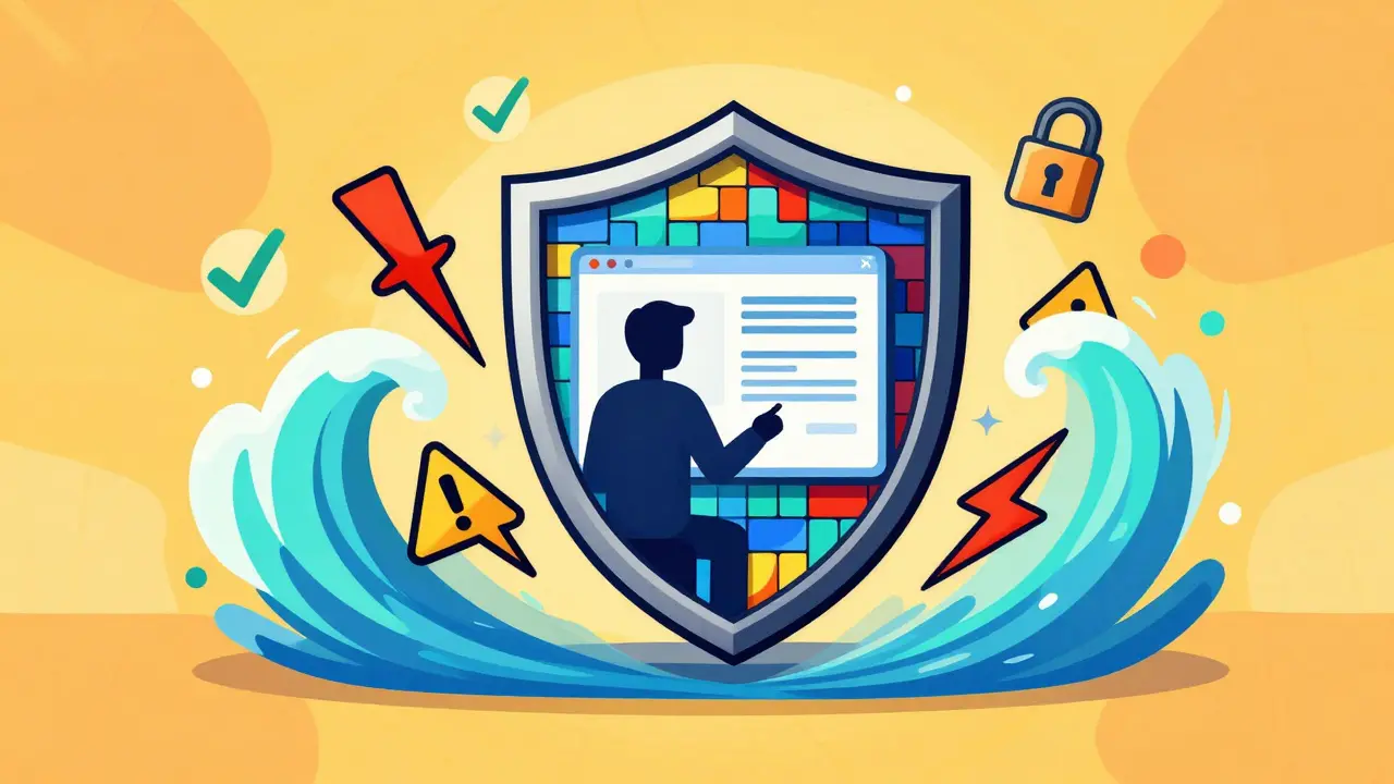 Safety shield protecting online pharmacy user in colorful Peter Max illustration