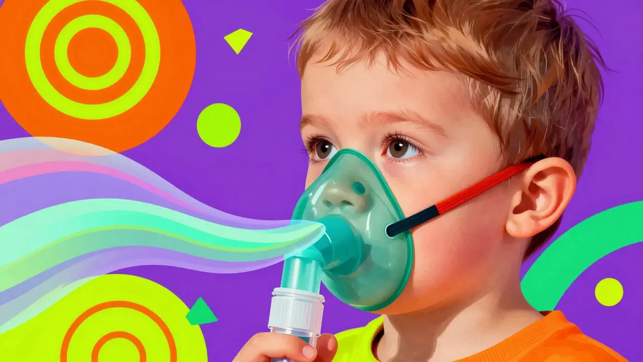 Toddler wearing asthma mask with colorful abstract background
