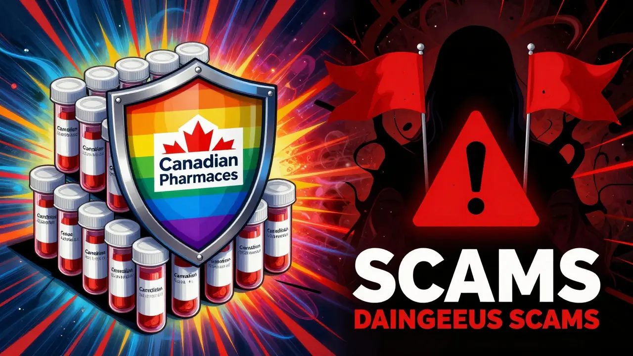 Vibrant art contrasting safe pharmacy savings against dangerous fake drug scams.