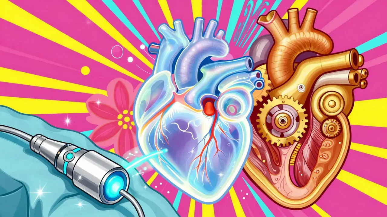 Vibrant art showing catheter and surgical heart valves
