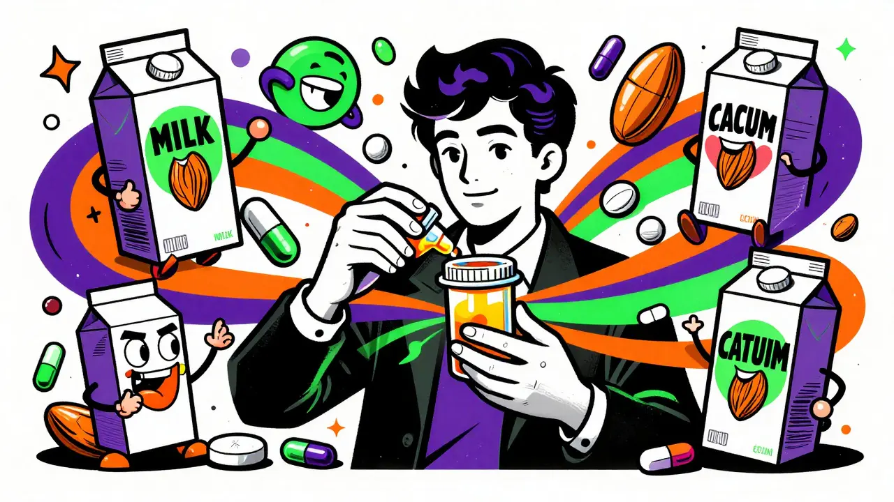 Vibrant illustration of hidden calcium sources like fortified milk and antacids.
