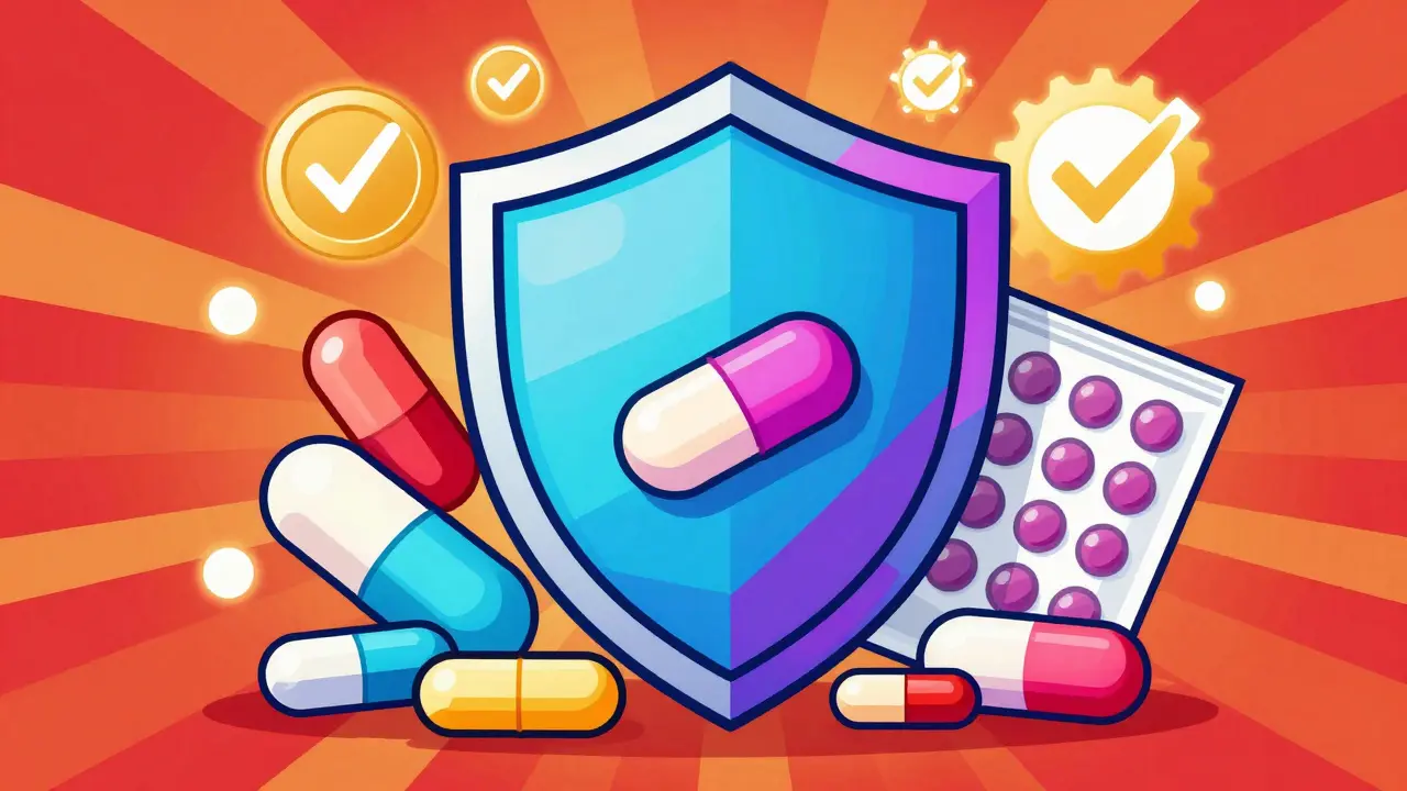 Vibrant illustration of safe medication forms and security shield