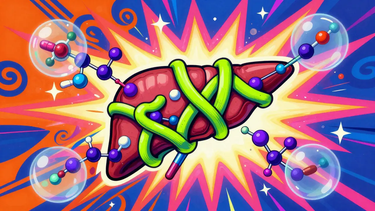 Abstract art showing liver enzymes blocked by kava molecules