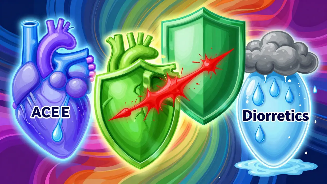 Abstract representation of four heart failure drug classes working together