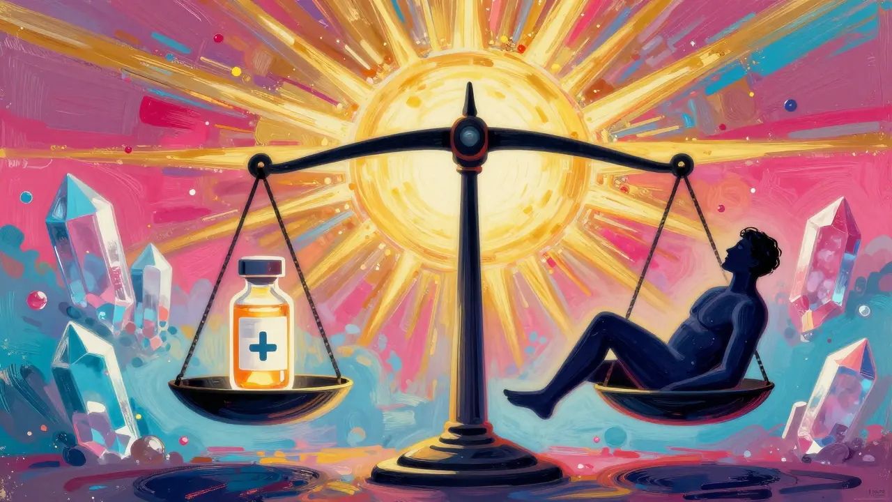 Balanced scale with medicine and healthy figure in vibrant psychedelic art