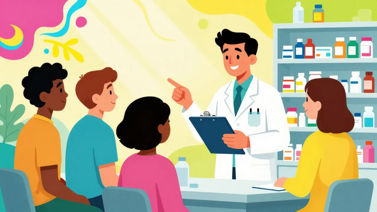 Colorful cartoon of a pharmacist advising patients on medication