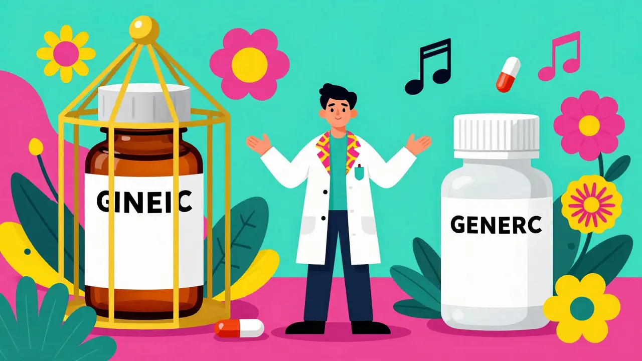 Colorful illustration comparing brand and generic drugs with a pharmacist and flowers.