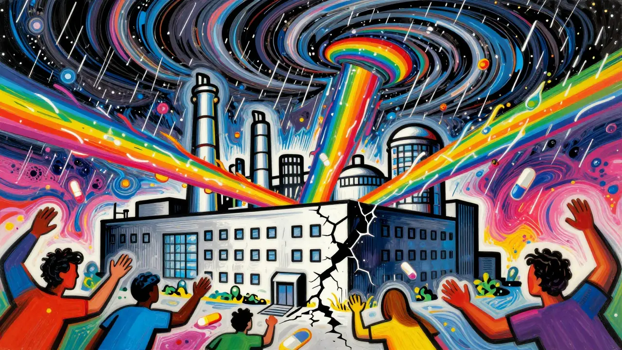 Colorful illustration of a drug factory damaged by hurricane winds