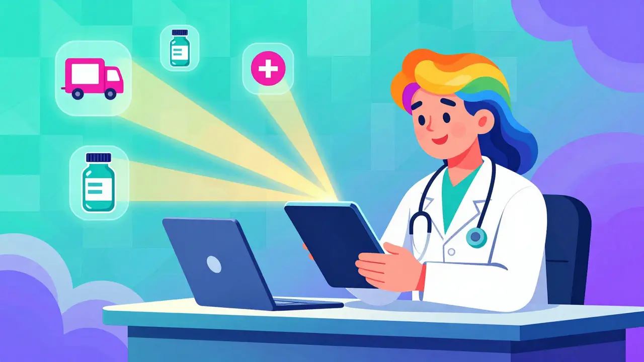 Colorful illustration of telehealth doctor connecting to medicine delivery