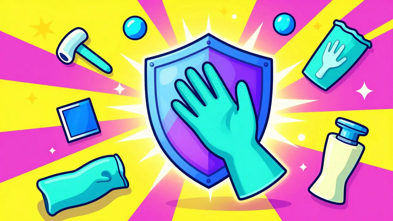 Colorful Peter Max illustration of protective nitrile gloves and safety symbols