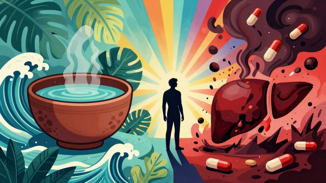 Contrast between safe water kava and toxic capsule extracts
