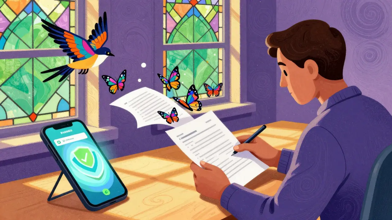 Vibrant art of a patient checking plans as documents turn into colorful birds.