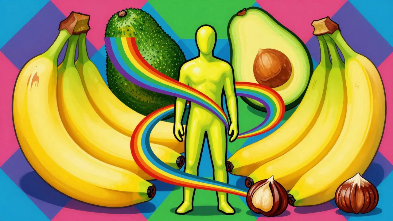 Vibrant cartoon linking latex gloves to bananas and avocados in Peter Max style