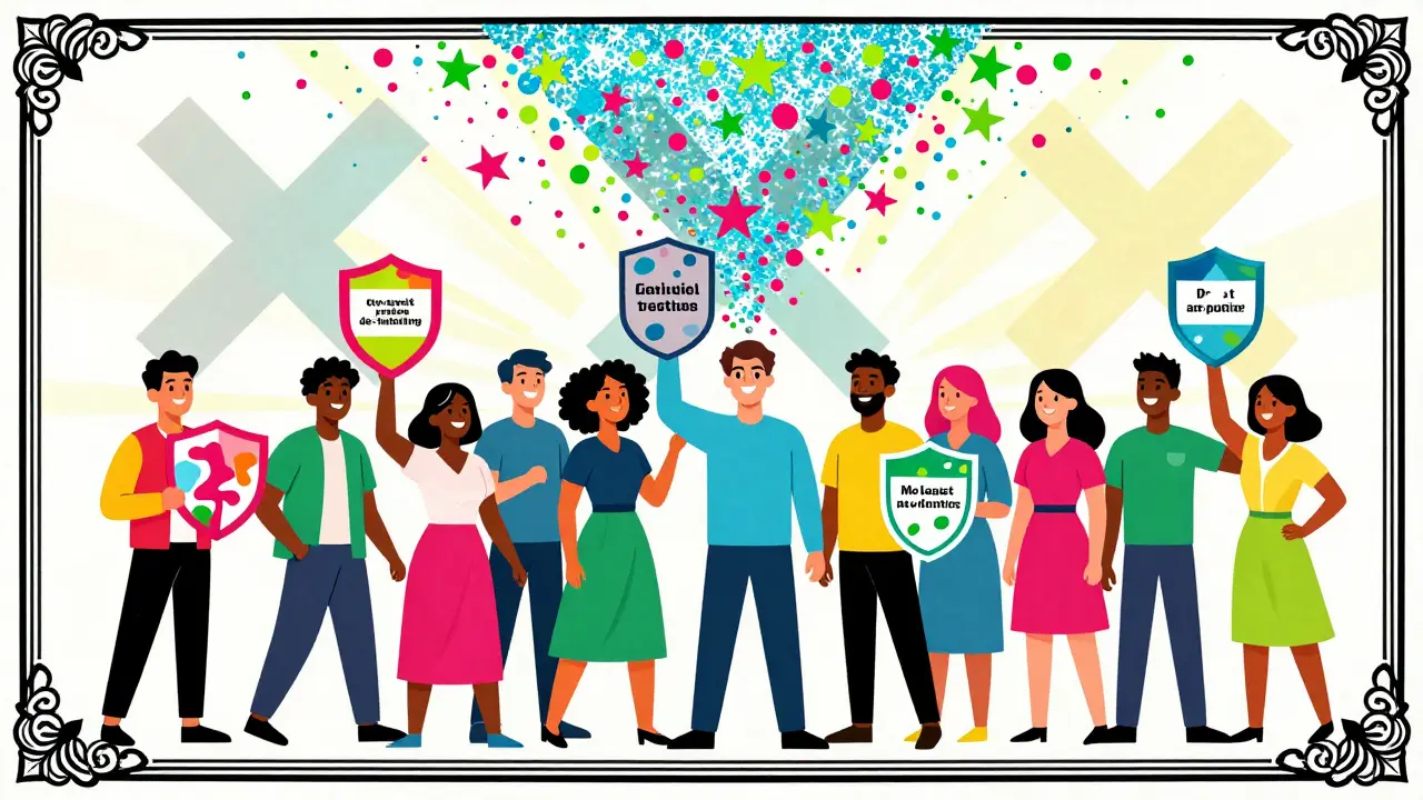Vibrant Peter Max illustration of people celebrating medical de-labeling with dissolving allergy symbols and stars.